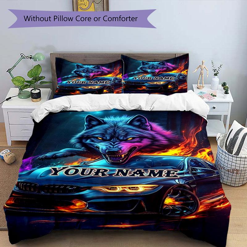 3pcs Custom Name Wolf Car Spirit" Bedding Set Printed Bedding Set Duvet Cover Closure Includes 1 Duvet Cover & 2 Pillowcases Bedroom Decor