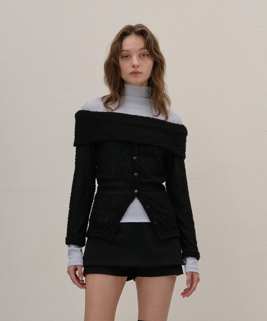 Camino Terry Off-Shoulder Knit Cardigan Black