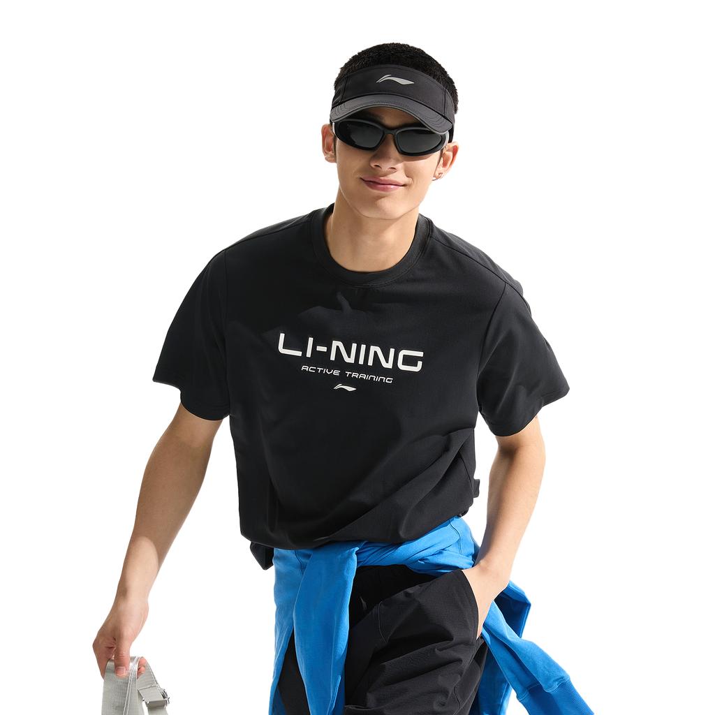 Li Ning Cool Tea T Quick Dry Casual Top Logo Letter Print Round Neck Knitted Sports Short Sleeve T-Shirt Men Tops Black ATSU589-1