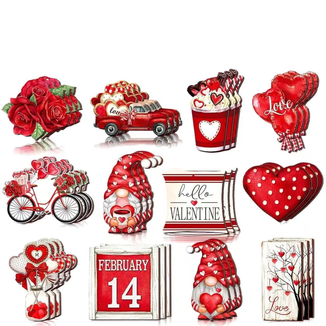 

Valentine s Day wooden decorative patch set Red rose love truck Valentine s Day DIY handicraft accessories 12 pieces per set 1 set-12pcs