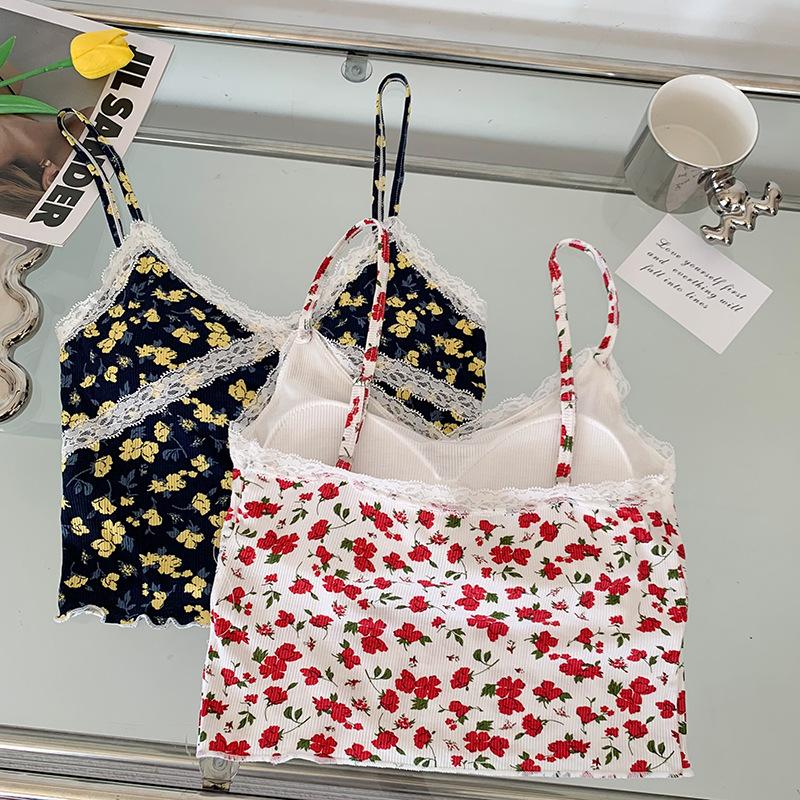 #Summer sweet small fresh floral pure desire vest short top girl V-neck lace splicing small