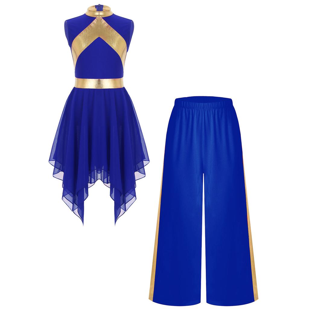 Mädchen Lobpreistanz Outfit Ärmelloses Metallic-Kleid Patchwork-Design Asymmetrischer Saum Weitbein-Hosen Set