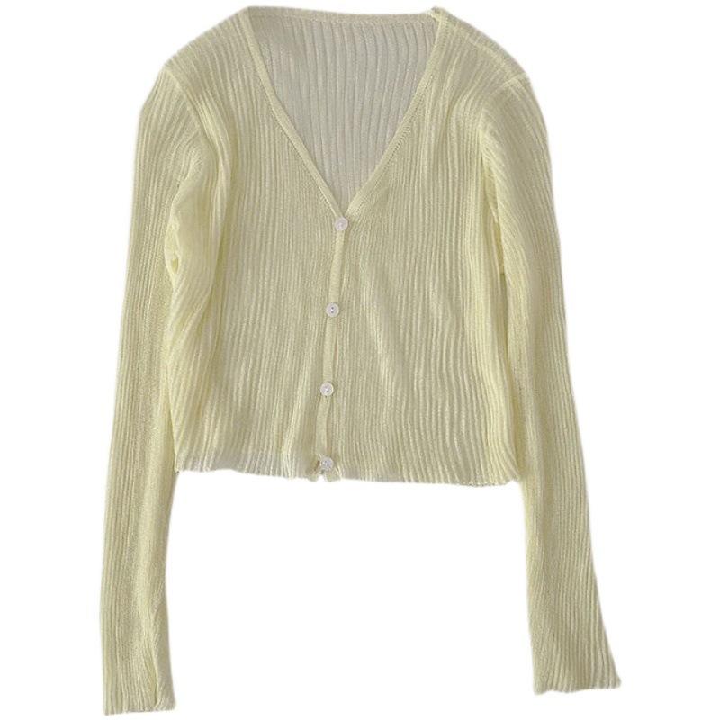Women's Summer 2021 Thin Ice Silk Cardigan - Korean Style, V-Neck, See-Through, Long Sleeve Knit Top.