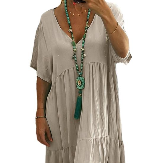 Vestido de Linho de Verão Plus Size para Mulheres Solto Manga Curta Decote V Longo Casual Praia Fluido Vestido de Sol com Bolsos
