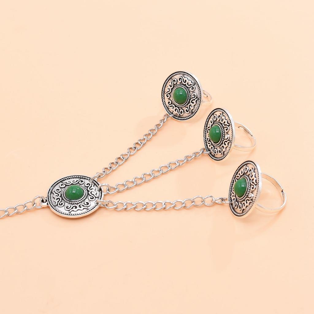Vintage Silvery Long Chains Finger Pulling Bracelet Alloy Carving Flower Round Acrylic Gem Boho Ethnic Women's Bracelet Jewelry