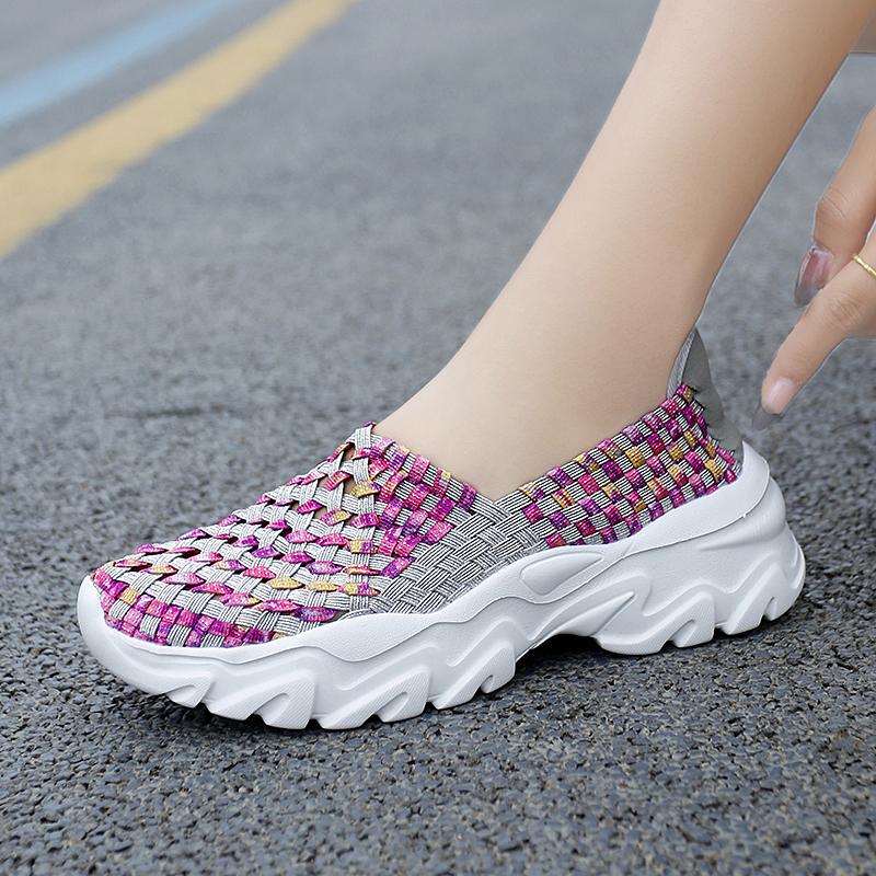 Summer Moccasin Pink Beach Walking Shoes Women Multicolor Casual Weave Slip on Braided Elevator Sneakers Plus Size