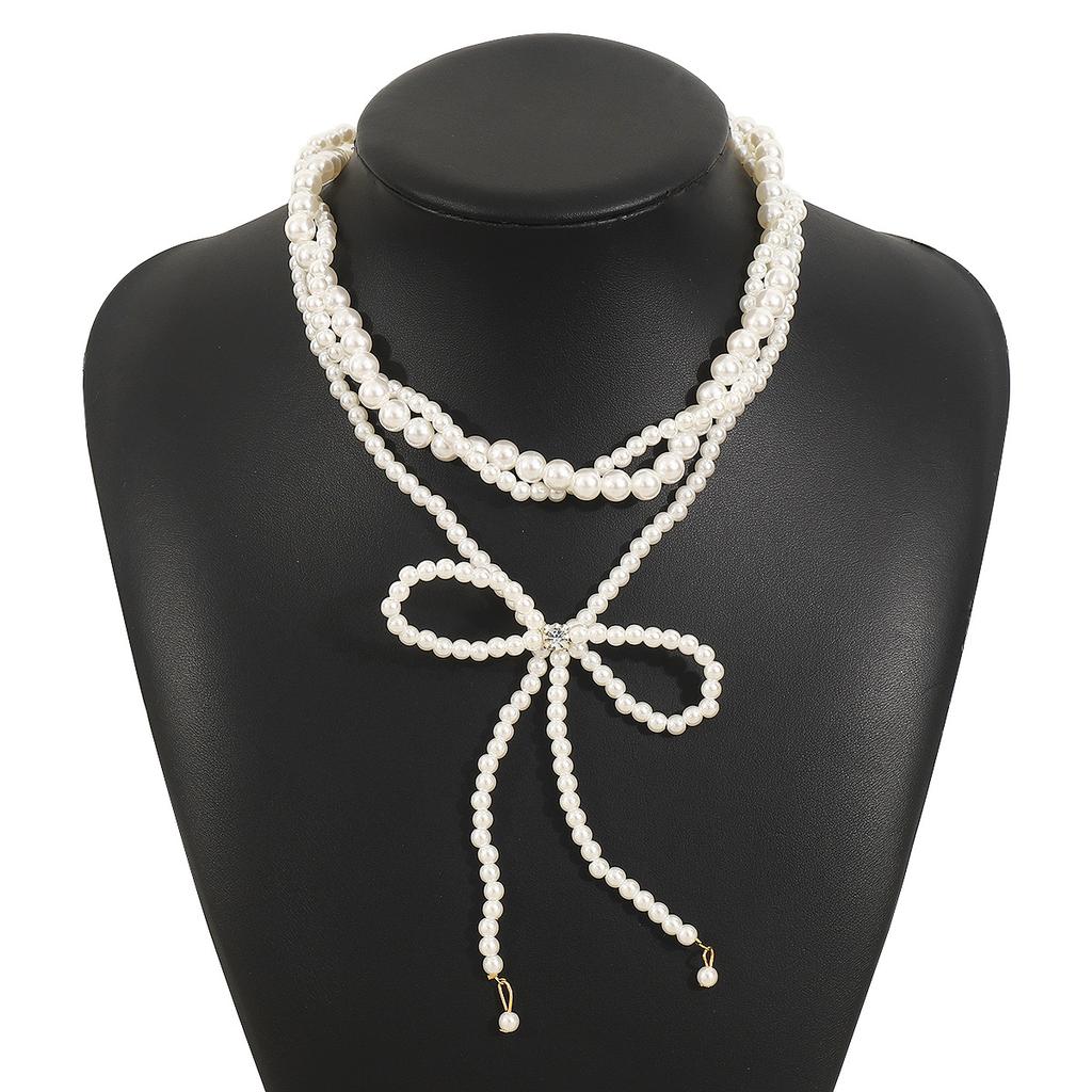 Dames Populair Europees Parel Strik Ketting Voor Dames Licht Luxe Elegante Gelaagde Imitatie Parel Ketting Sieraden