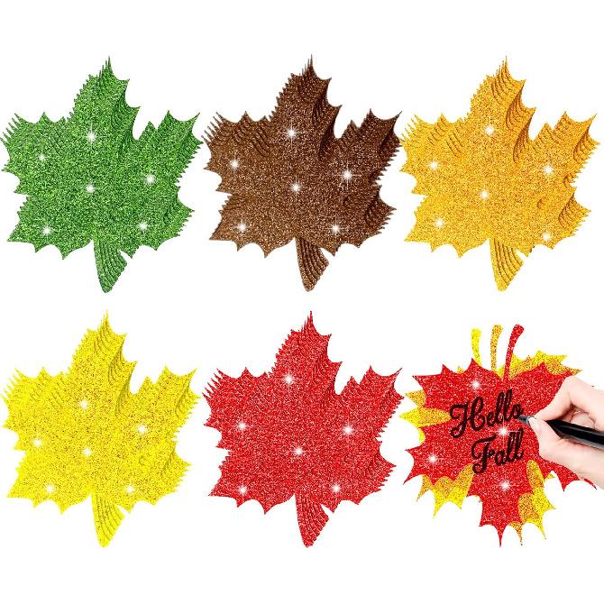 Demissle Thanksgiving Fall Leaves Bulletin Board Decorations Leaf Cutouts Glitter Maple with Adhesive Dots for Bulletin Board Classroom Decor(100