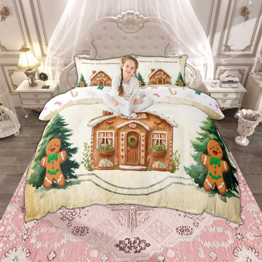 Homewish Kawaii Gingerbread Duvet Cover Set for Kids, Girls Christmas Gifts Bedding Set, Merry Xmas Bed Set, Room Decor
