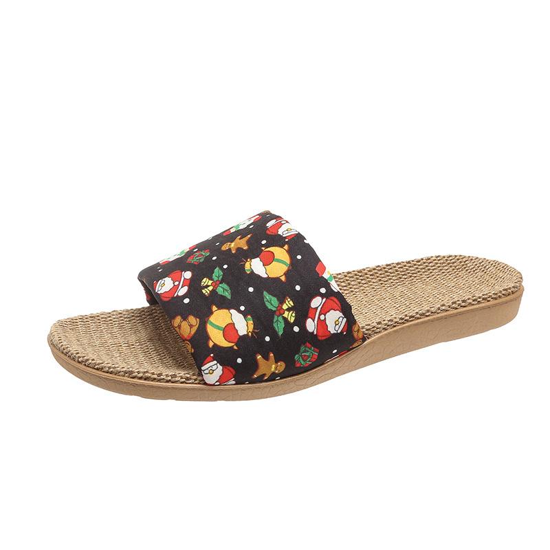 Four Seasons Home Large Size Linen Slippers Fashion Printed Thick Bottom Non-slip Sweat-absorbing and Wear-resistant Outsole Couple Hemp Slippers