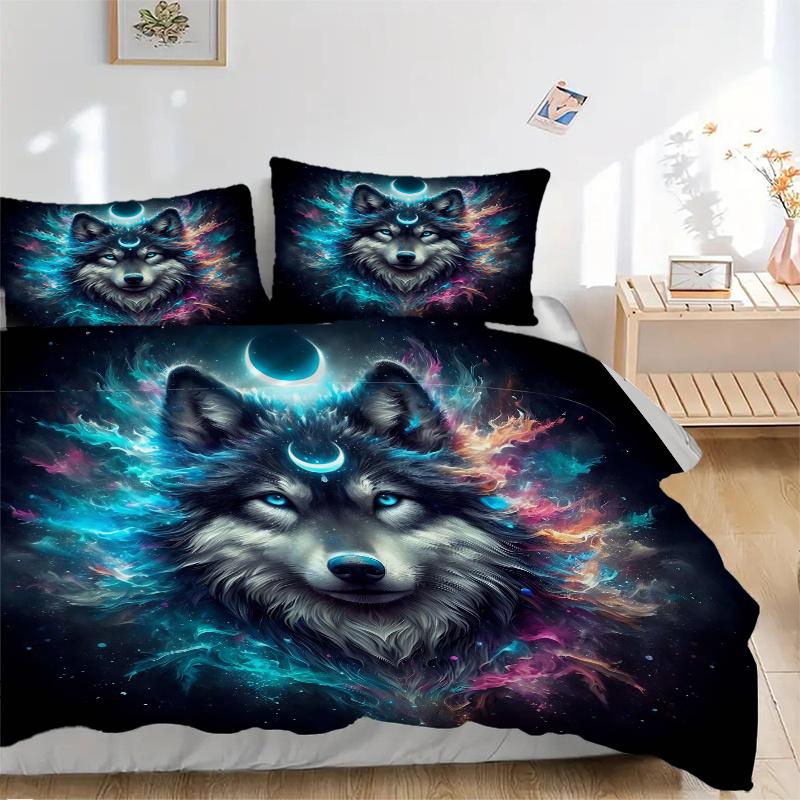 3pcs Moons and Vibrant Cosmic Flames Wolf Quilt Cover Set - Soft and Cozy Bedroom, Guest Room and Dorm Decorative Bedding