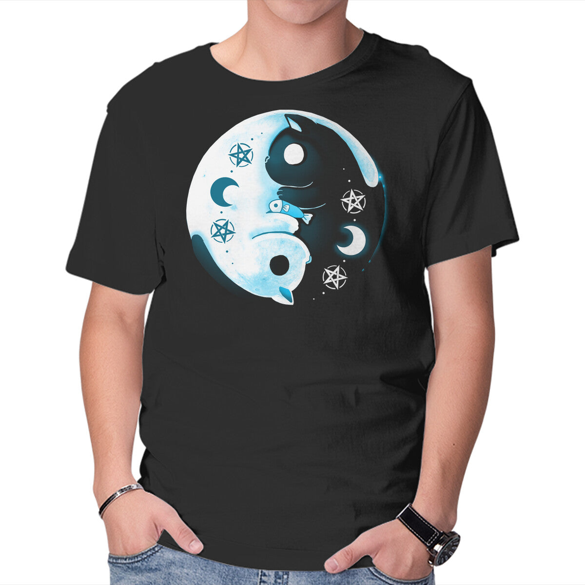 Unisex Crew Neck T-Shirt Yin Yang Moon Cats Graphic Short Sleeve Casual Tee S