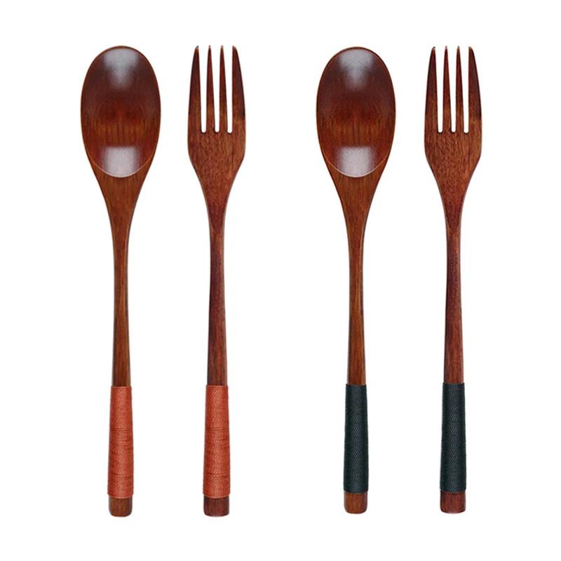Japanese Style Dinnerware Set Wooden Spoon Fork Cutlery Set Long Handled Dessert Soup Spoon Salad Fork Outdoor Kitchen Tableware
