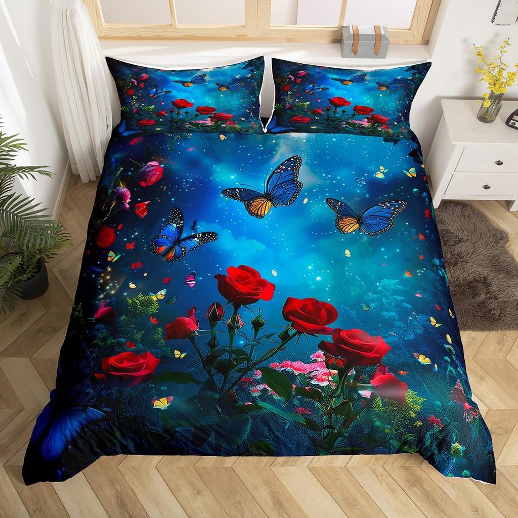 Rose Floral Duvet Cover Queen Twin for Women Girls Couple 3D Red Rose Wine Glass Bedding Set Luxury Botanical Comforter Cover