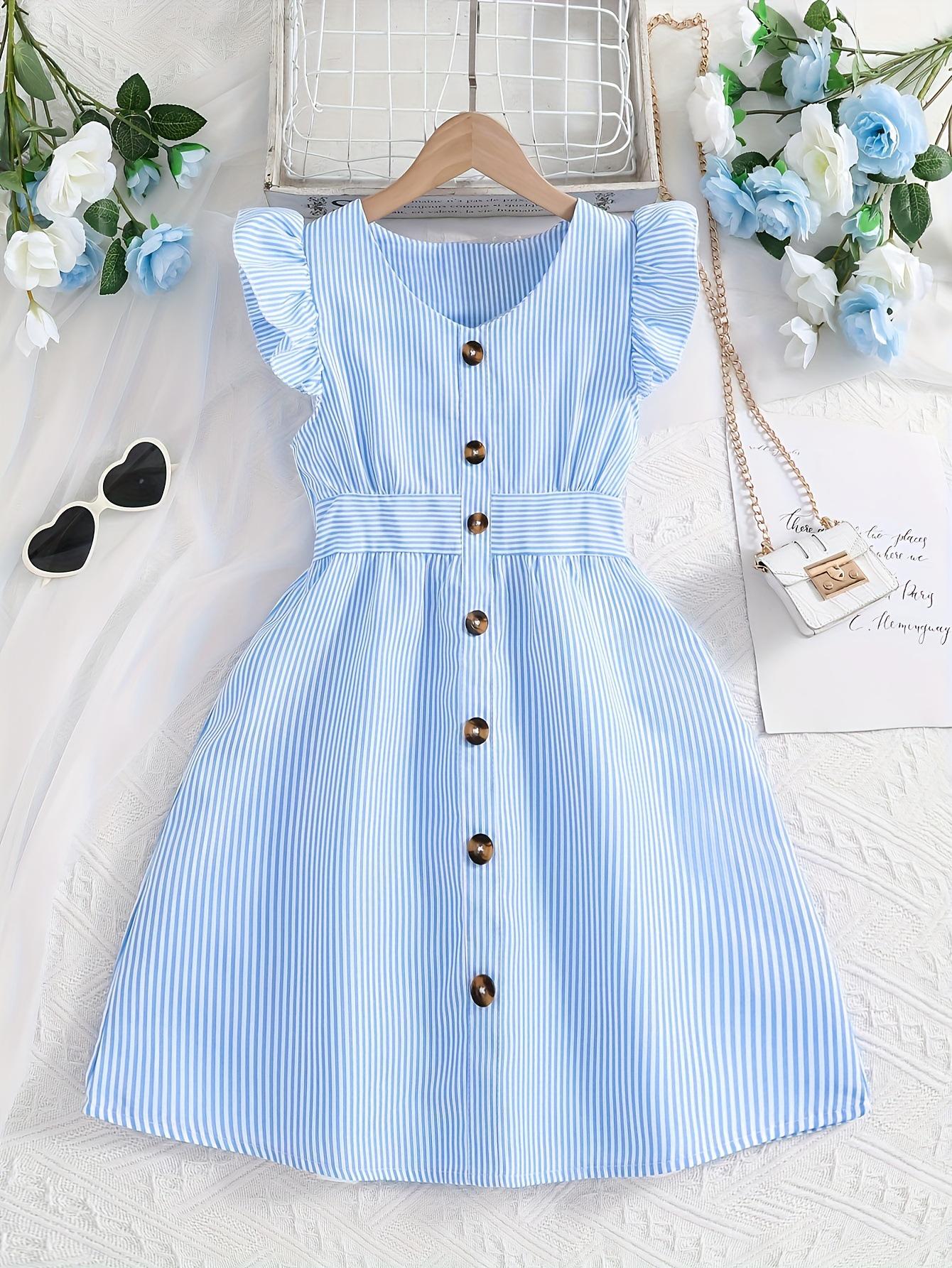 Girls  Blue & White Striped Flutter Sleeve Dress - A-line French Fashion Tank Style 8Y