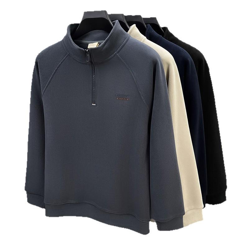 - "Warm Wool Sherpa Fleece Half-Zip Sweatshirt with Stand Collar - Double-Sided Velvet for Autumn/Winter"