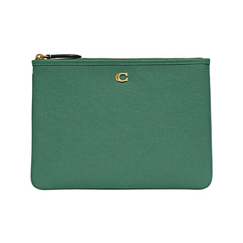 

COACH Pouch 29 solid color letter logo zipper closure pebbled leather mahjong bag wrist bag clutch bag large women s green зелений