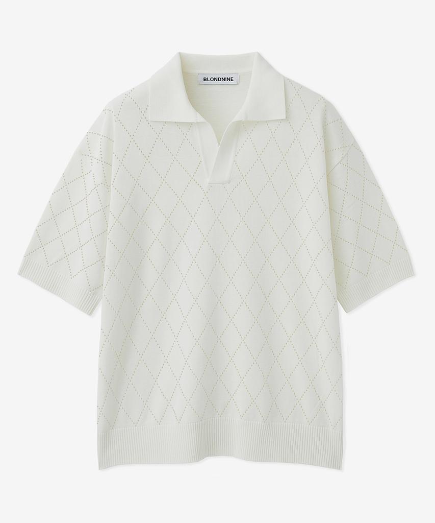 BLOND9 Cotton Diamond Open Collar Short Sleeve Knit_Ivory