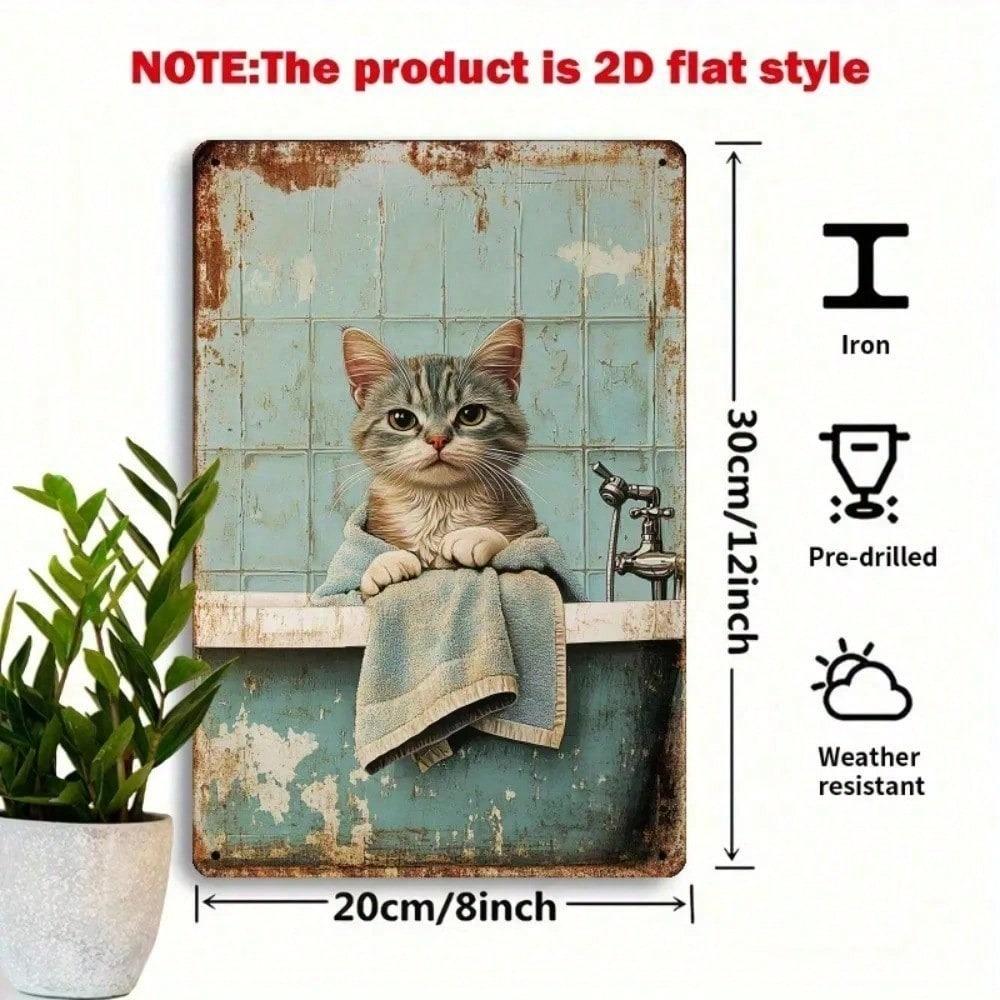 Vintage Cat Metal Wall Sign, Iron Art for Bathroom Decor