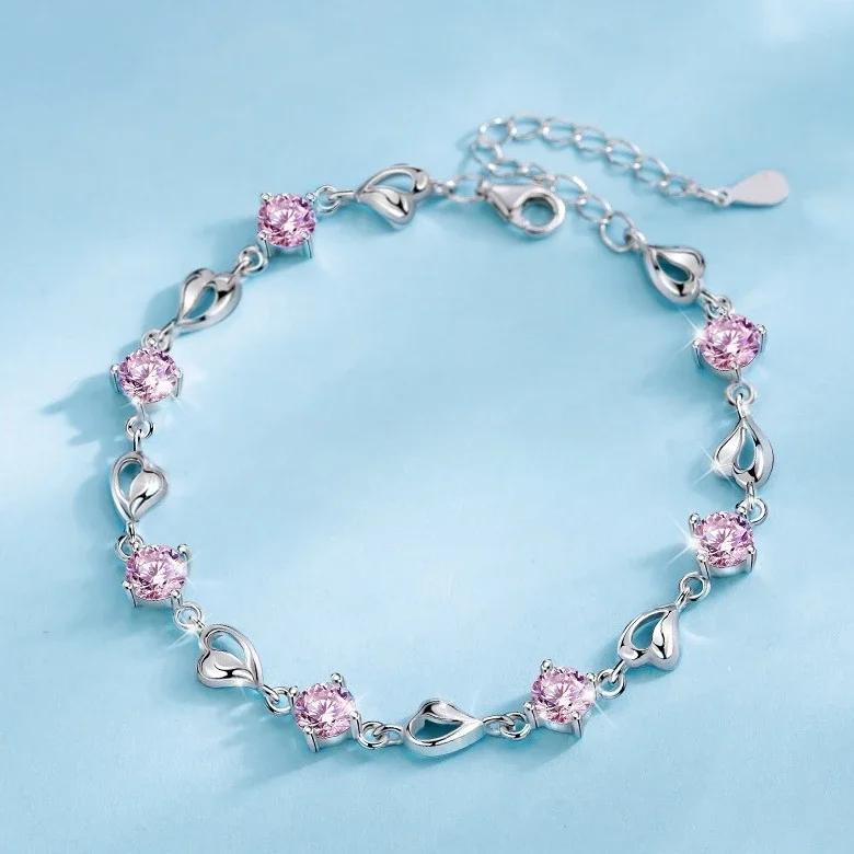 

925 Sterling Silver Heart Shaped Bracelet For Women Retro Korean Versatile Pink Crystal Charm Bracelets Original Party Jewelry