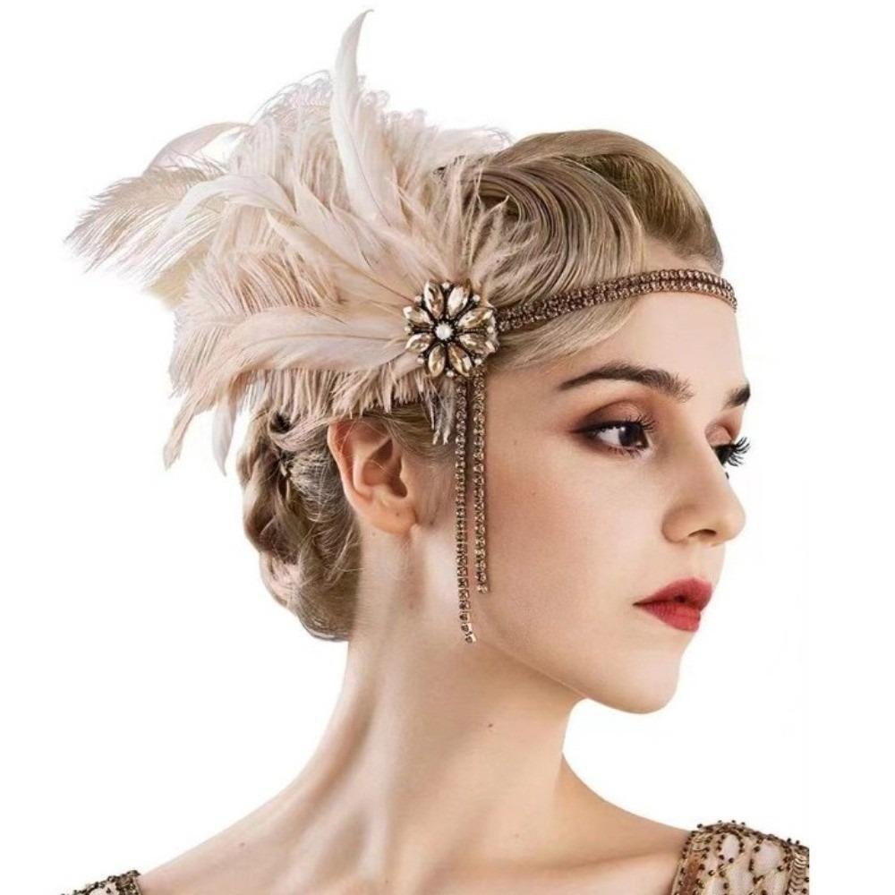 Water Diamond Feather Headwear 1920s Hair Band Vintage Rhinestone Headpiece Chain Brides Makeup розовый