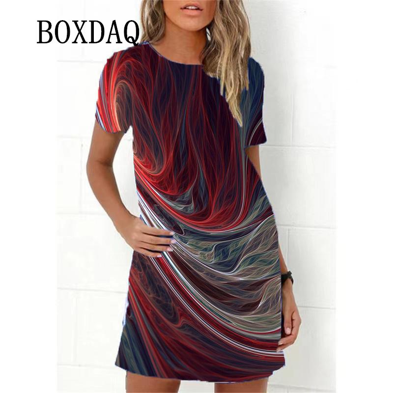 Gradient Colorful Flame Print Women Dresses Fashion Short Sleeve Loose A-Line Dress Oversized Summer Casual Beach Party Sundress