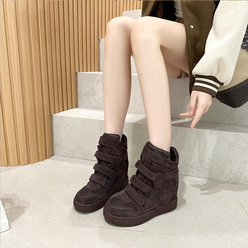 Genuine Leather 7CM Inner Height-increasing High-top White Shoes for Women Autumn New Velcro Casual Sports Short Boots