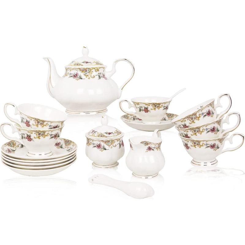 Bone China Tea Cup and Saucer Sets,Porcelain Tea Set with Teapot, Sugar Bowl,Creamer Pitcher,Floral Vintage Tea Cups and Saucers for Party Gift Giving