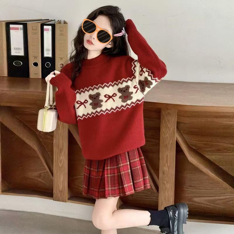 Girls' Red Round Neck Sweater - Autumn/Winter 2025 Knitwear for Big Kids, Perfect for Christmas & New Year