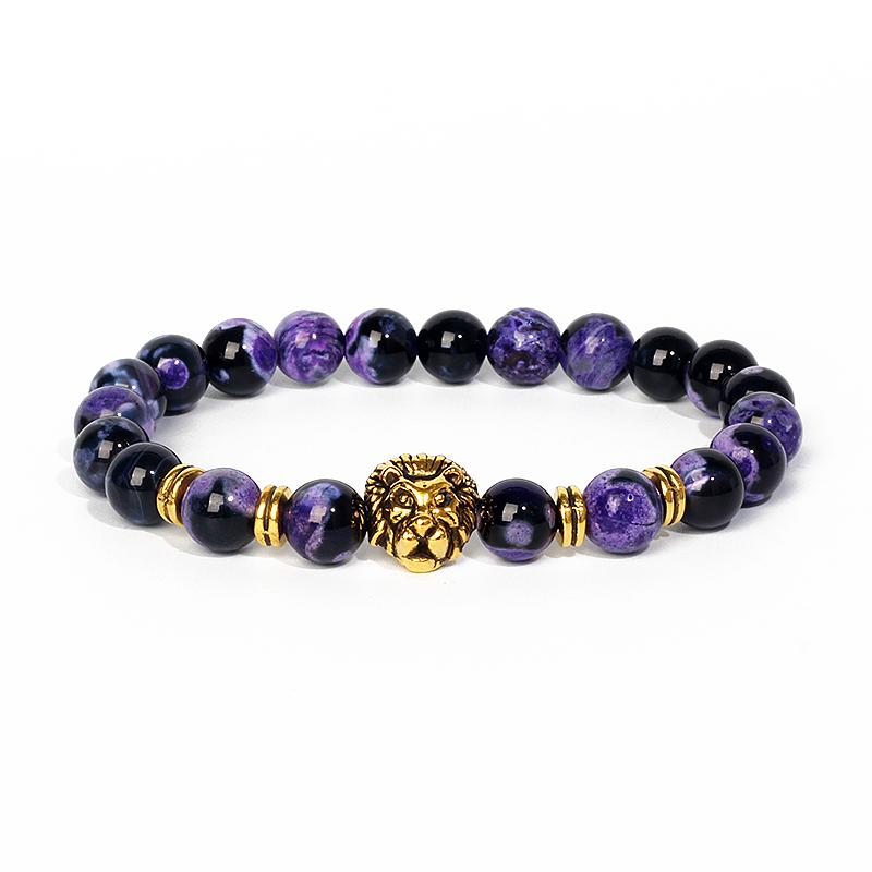 Leopard Head Beaded Bracelets for Men Women 8mm Rock Lava Stone Crown King Lion Charm Bracelet Set Natural Stone Elastic Jewelry