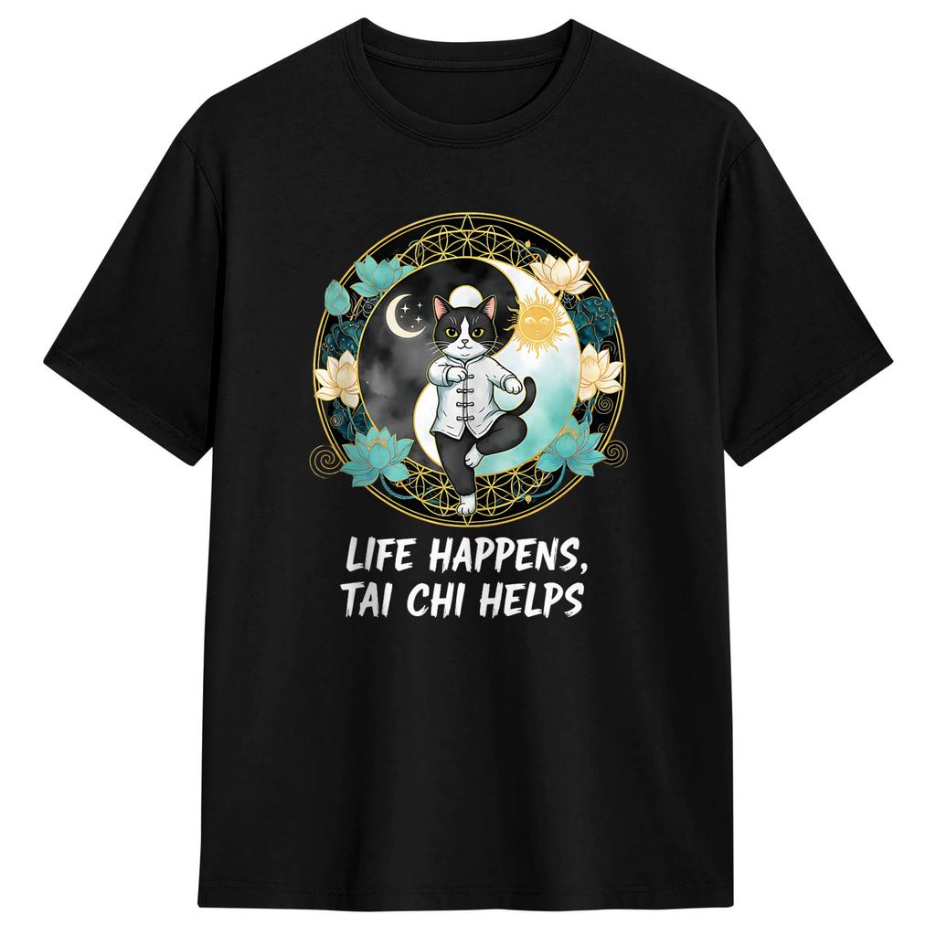 Unisex Life Happens Tai Chi Helps Funny Yin Yang Tai Chi Cat Tshirts Cotton Tops Summer Y2k Fun Short Sleeve T Shirt Crew Neck