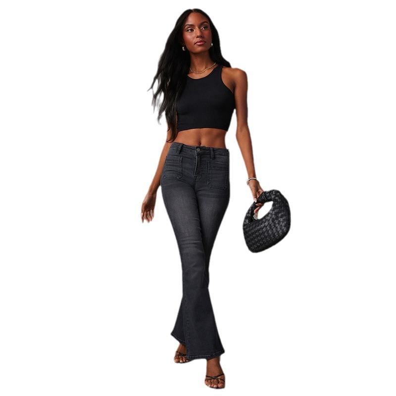 Damskie Jeansy na Wiosnę, Lato i Jesień Retro Z Wysokim Stanem Cienkie Elastyczne Spodnie Jeansy z Małym Rozszerzeniem