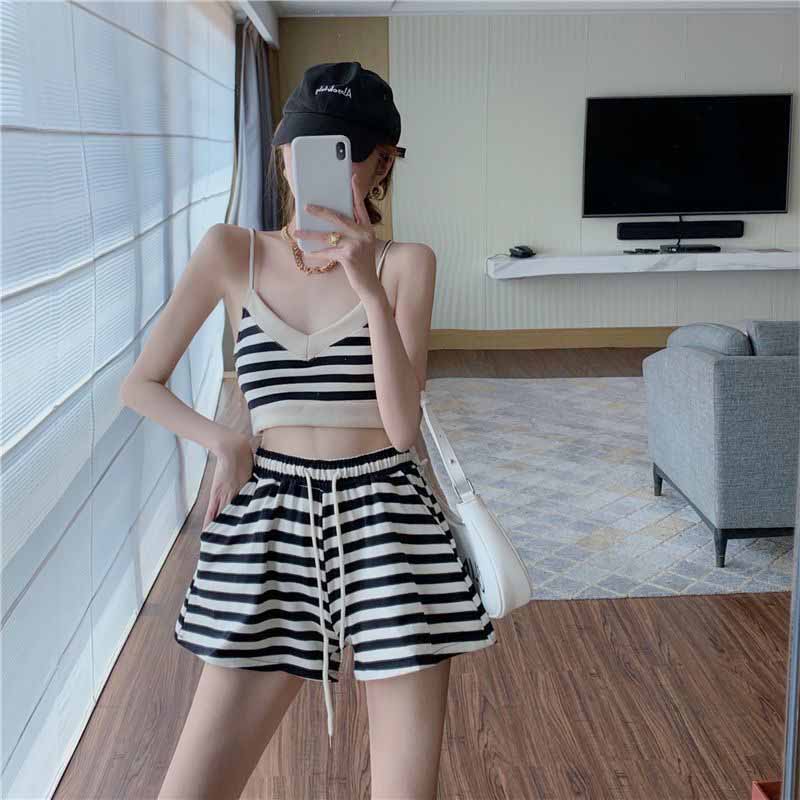 Two Piece Sets Women Summer Vacation Backless Camisole Elastic Waist Shorts Stripe Y2K Beach Style Suits