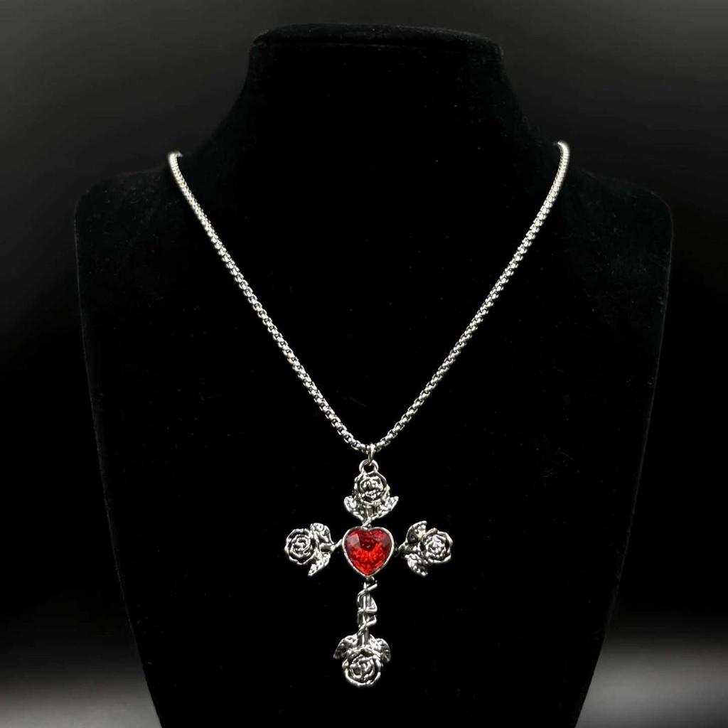 Gothic Punk Heart Gemstone Rose Cross Pendant Necklace