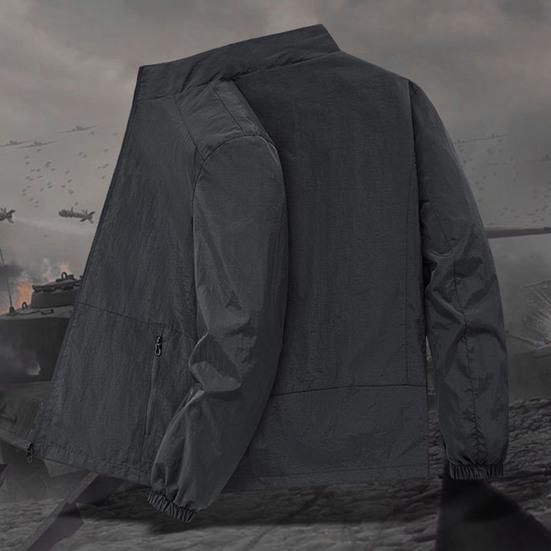 Herren Jacke Stehkragen Langarm Reißverschlussleiste Frühling Herbst Mantel mit Taschen Einfarbig Lockere Passform Vielseitige Oberbekleidung