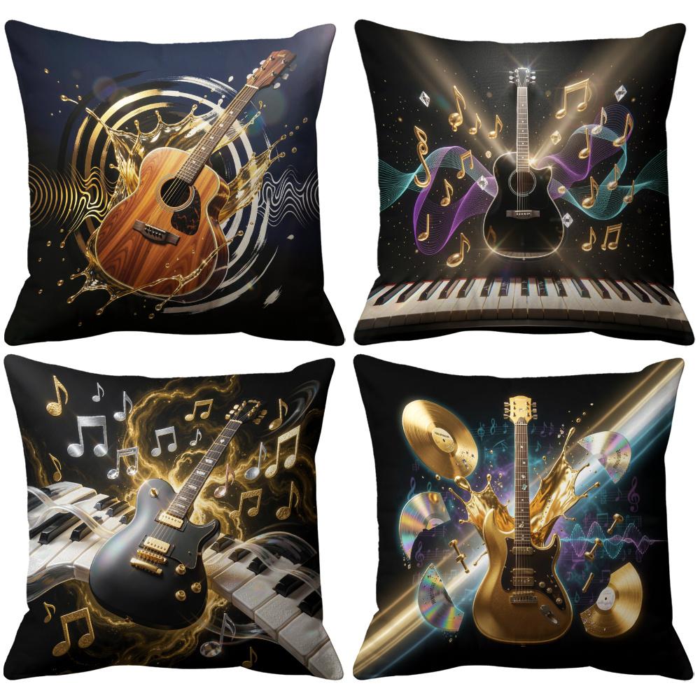 Guitar & Music Note Throw Pillow Covers, Glowing Acoustic Guitar With Sound Wave Print Cushion Cases Rock Music Lover Home Decor