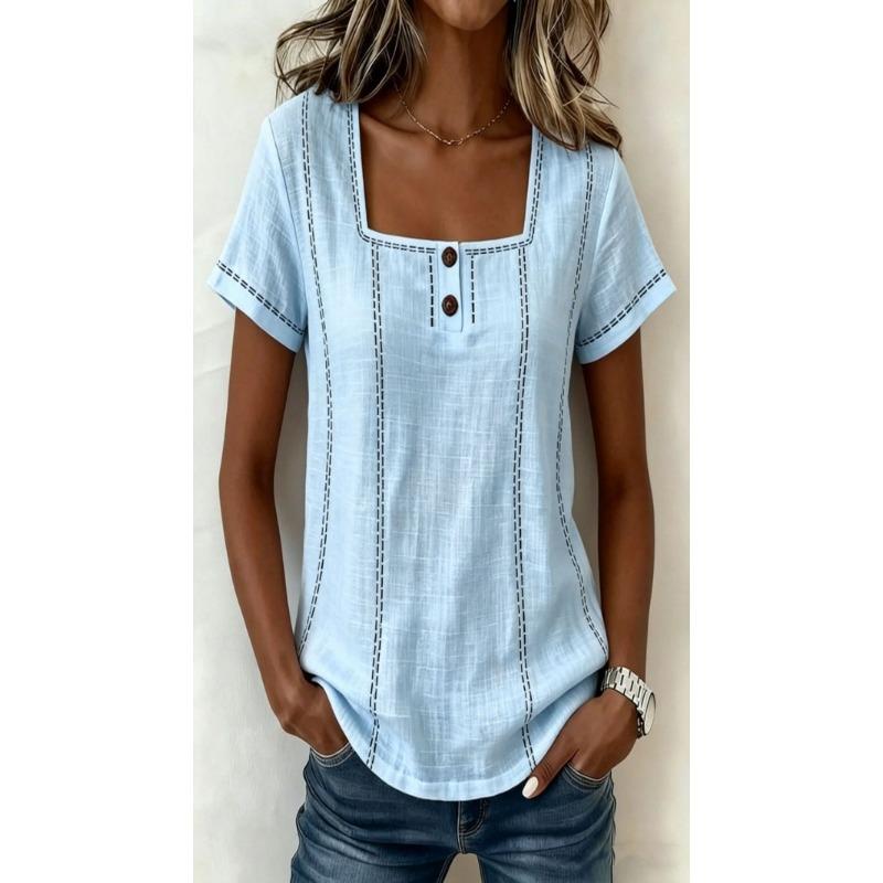 Women Casual Loose Printed Button Short Sleeve Blouse