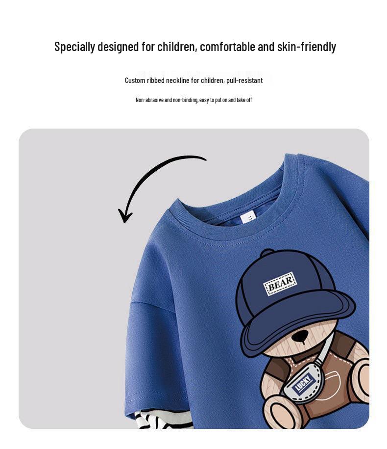 Boys' Cartoon Patchwork Long-Sleeve Striped Cotton T-Shirt