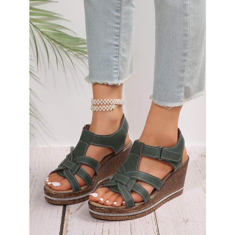Women's Summer New Plus Size Fish Mouth Velcro Wedge Sandals Women's Fashion Platform Rhinestone Sandals