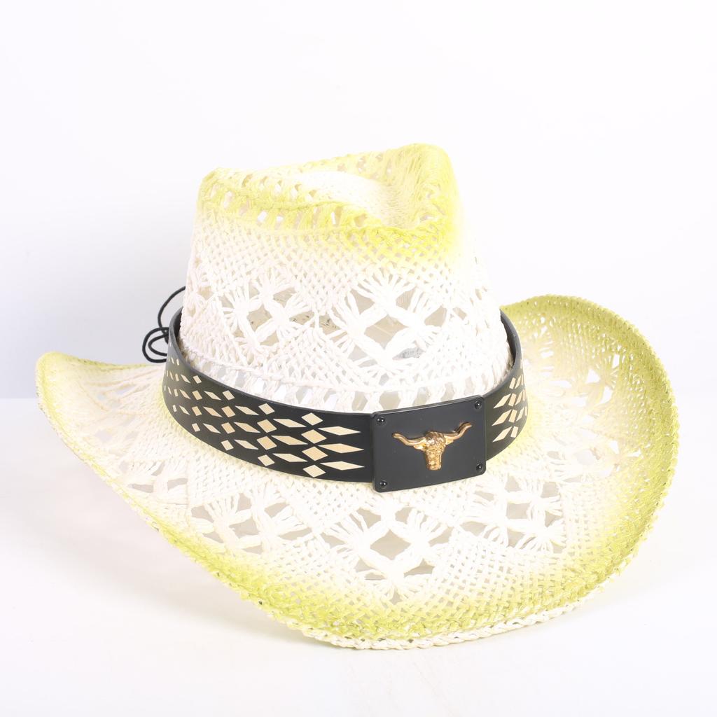 Popular European and American Fashion Hollow Woven Hat Straw Hat Men's and Women's Classic Outdoor Western Denim Straw Hat