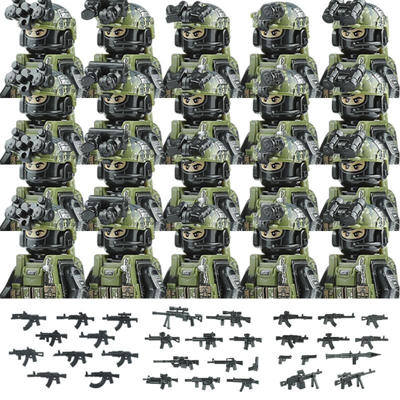 20PCS Military Army Figures Building Blocks SWAT Ghost Commando US Russia Special Forces Soldier Weapons Shield Belt Bricks Toys