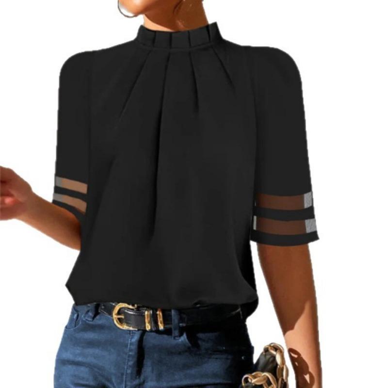 Women Loose Solid Color Casual High Neck Seven Quarter Sleeve Blouse
