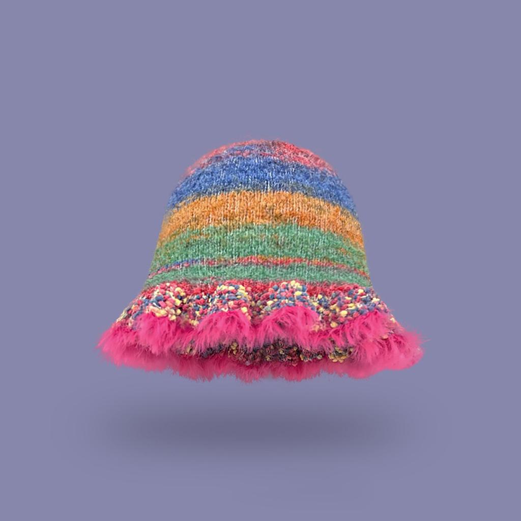 Handmade Knit Striped Bucket Hat for Woman Weaving Striped Plush Floppy Bucket Hat Adult Teens Winter Fisherman Cap