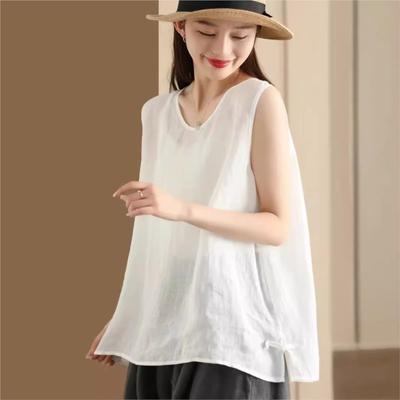 Mulheres Vintage Tank Tops Cor Sólida Verão O-pescoço Sem Mangas Botão Casual Mulheres Tank Tops