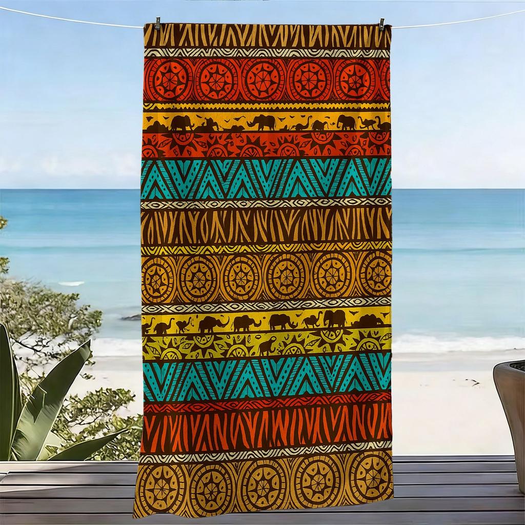 1pc, African Tribal Style Oversized Soft Beach Towel, Geometric Totem and Elephant Print Pattern, Microfiber Bath Towel, Quick