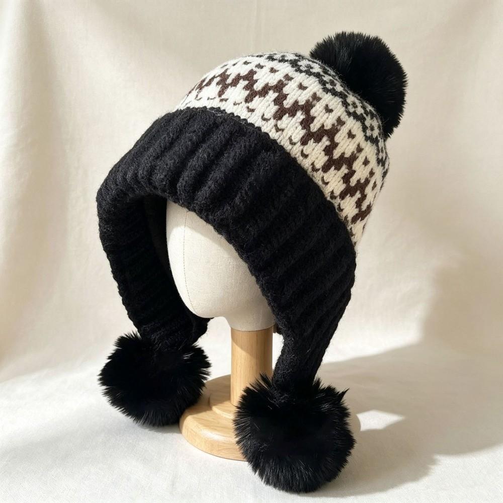 with Pom Poms Ear Flap Knitted Hat Ear Protection Winter Knit Hat Cold Proof Hat For Women