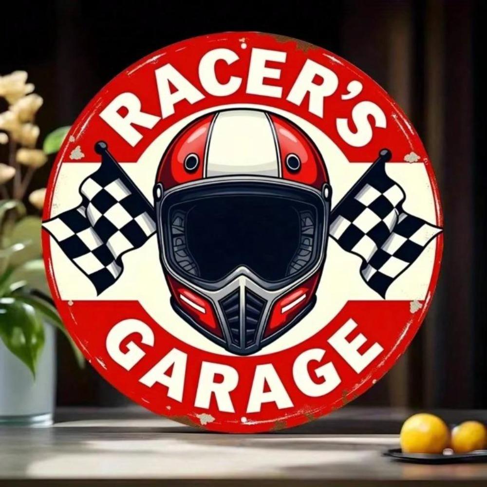 Rustic Vintage Racer Garage Metal Wall Sign Distressed Checkered Flag Decor
