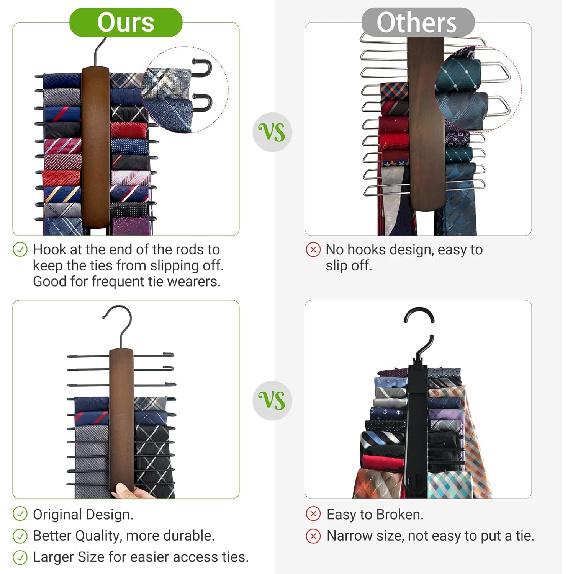 Mkono Wooden Tie Rack Retro Tie Belt Storage Hanger Organizer for Men Closet Space Saving Rack with 20 Non-Slip Hooks for Ties Belt Scarf Organize