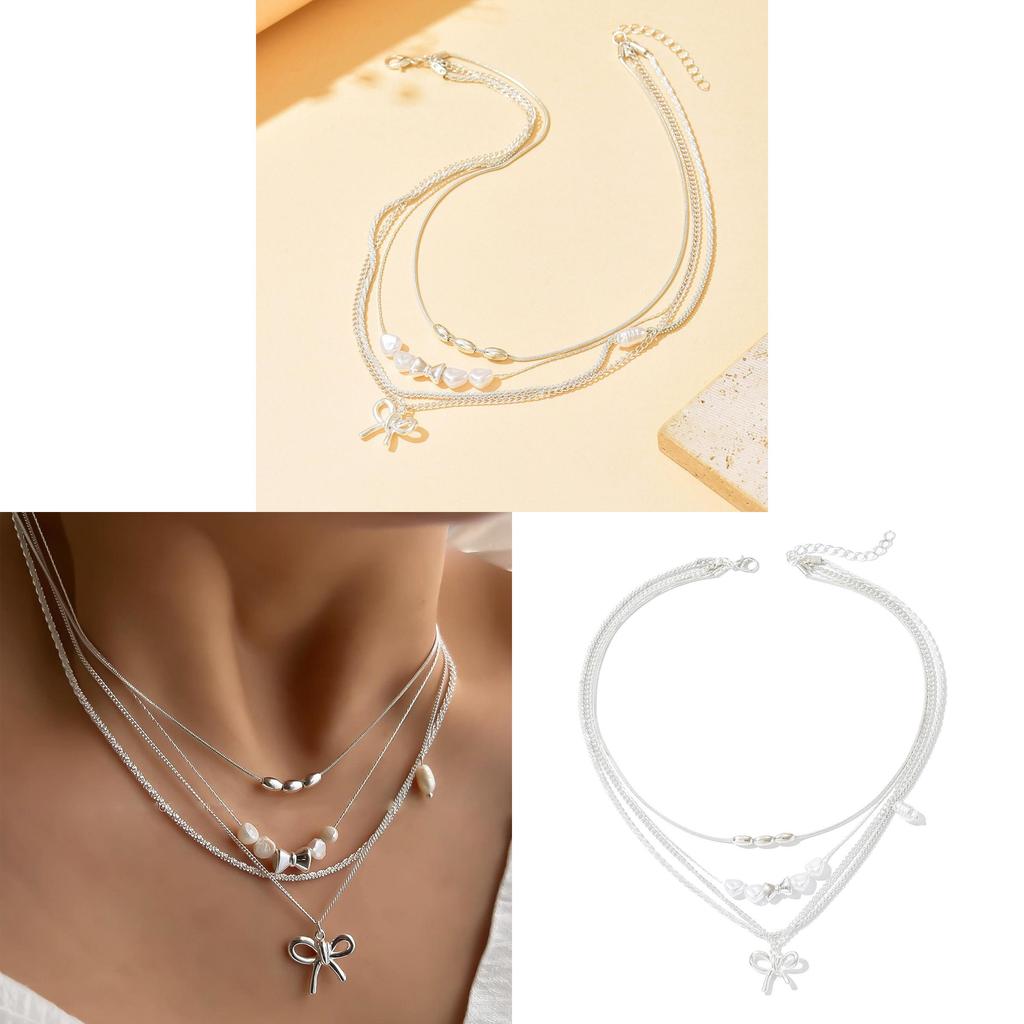 Fjärilsrosett Flerlagershalsband med Falska Pärlor och Galvaniserad Kedja för Kvinnor