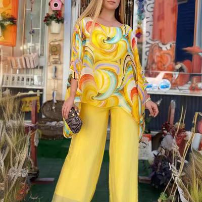 2024 Colorful Chiffon Casual Print Round Neck Two-Piece Summer Set